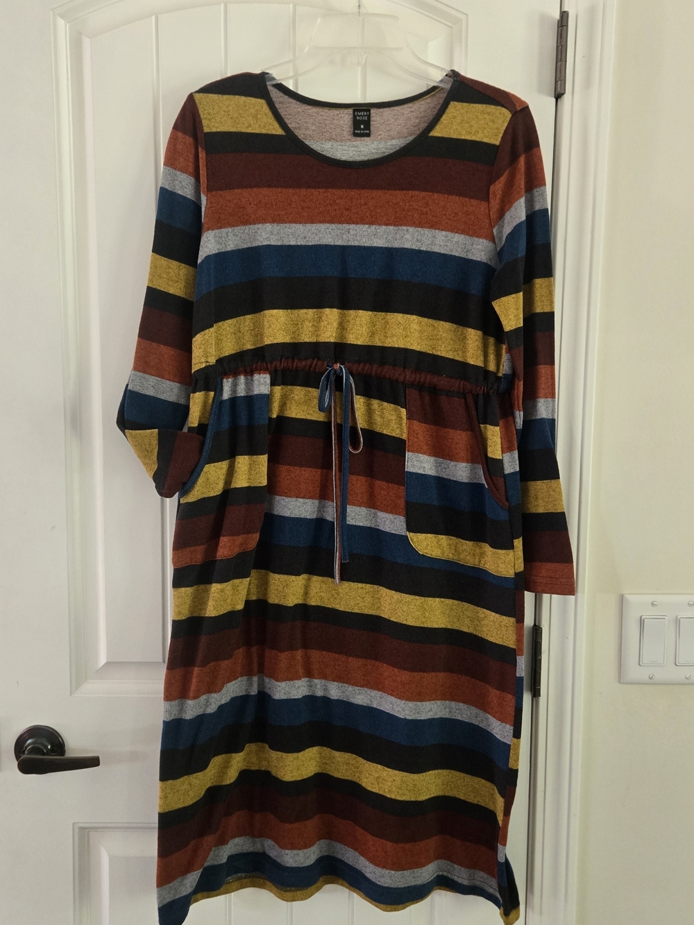 Striped Long Sleeve Midi Dress Drawstring Cinch Waist Fall Winter Knit M